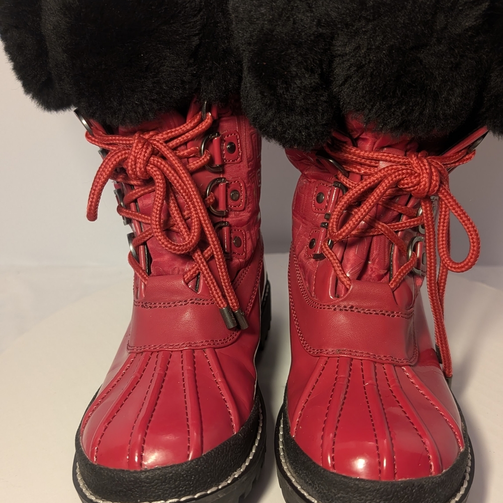 Coach Red Ankle Boots with Black Fur Trim